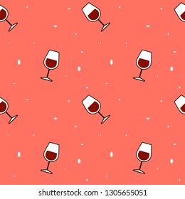 Seamless pattern  red wine glasses on coral background