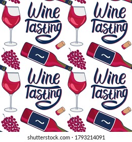 Seamless pattern Red wine is poured into a glass from a bottle. Wine tasting lettering inscription. Vector hand drawn illustration isolated on white background
