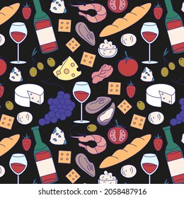 Seamless Pattern Of Red Wine And Snacks. Bottle Of Red Wine,olives, Camembert, Cheese, Strawberry, Grape, Oyster, Shrimp, Crackers, Baguette, Tomato, Prosciutto