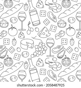 Seamless pattern of red wine and snacks outline. Bottle of red wine,olives, camembert, cheese, strawberry, grape, oyster, shrimp, crackers, baguette, tomato, prosciutto