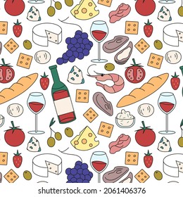 Seamless Pattern Of Red Wine And Snacks. Bottle Of Red Wine,olives, Camembert, Cheese, Strawberry, Grape, Oyster, Shrimp, Crackers, Baguette, Tomato, Prosciutto