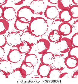 Patrón sin foco con manchas de vino tinto. Fondo a mano con manchas de vino tinto, marcas de cristal, manchas y salpicaduras de fondo blanco. Ilustración vectorial.