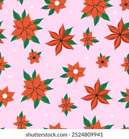 Seamless pattern with red winter poinsettia flowers. Vector graphics.