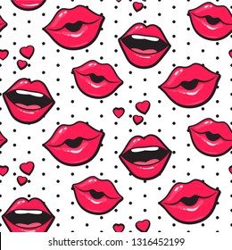 Seamless pattern with red woman lips in comic style. Mouth pop art vector design