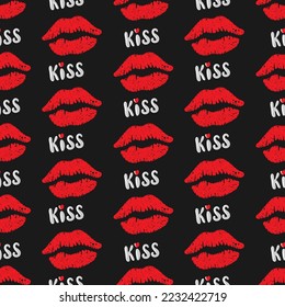 Seamless pattern of red woman's lips on black background. Makeup and beauty concept. Hand drawn vector illustration