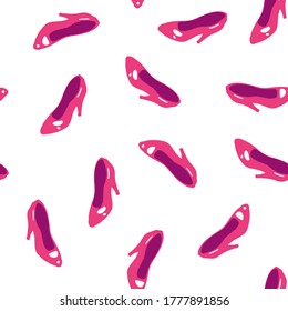 Seamless pattern red womens patent leather shoes. Fashion illustration isolated on white background. Vector