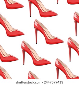 Seamless pattern of red women's patent leather shoes on a white background.Vector pattern for textiles, fashion designs.