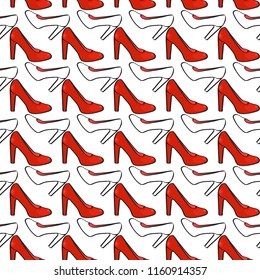 Seamless pattern with red women's shoes. Sketch. Vector illustration for shop