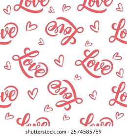 Seamless pattern with red word love phrases and hearts. Romantic theme. Valentine's Day background. Vector illustration