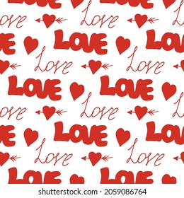 Seamless pattern with red words love and hearts on white background. Vector image.