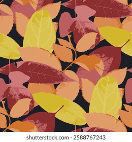 Seamless pattern with red and yellow autumn leaves on black background. Cottagecore foliage wallpaper. Boho botanical texture. Ecological and natural design.