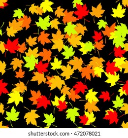 Seamless pattern with red and yellow autumn leaves on black background. Vector illustration