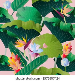  Seamless pattern. Red, yellow, blue aquatic and tropical flowers with large green leaves on a pink background. Vector illustration. Picture with lilies and strelitzia. EPS10