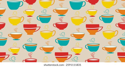 Seamless pattern with red yellow blue painted tea cups coffee background, perfect for fabric, wallpaper, packaging, kitchen decor and digital web design