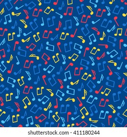 Seamless pattern with red, yellow and blue music notes on dark background. Perfect for wallpaper, web page background, textile, music festival posters and jazz concerts. 