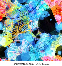 Seamless pattern. Red, yellow and blue colors. Strokes, spots, stylized flowers. Abstract vector background for web page, banners, fabric, home decor, wrapping 