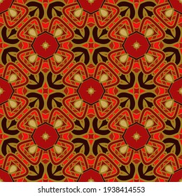Seamless pattern in red yellow brown orange .Vector illustration. Use this pattern in the design of carpet, shawl, pillow, textile, ceramic tiles, surface.