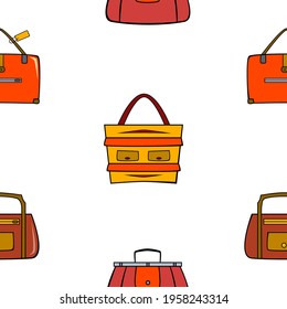 Seamless pattern with red, yellow and brown bags and ladies briefcase in cartoon style on white background.