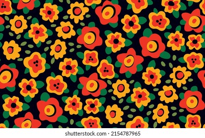 Seamless pattern with red and yellow cartoon flowers on a dark field. Cute floral print, botanical background with small flowers, leaves in a random arrangement. Vector illustration.