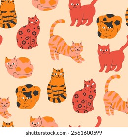 Seamless pattern of red and  yellow cats striped and spotted. Vector graphics.