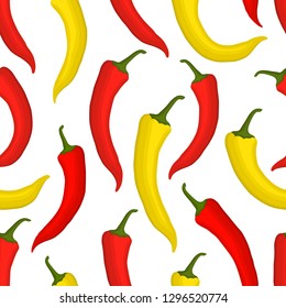 Seamless pattern with red and yellow chili peppers on a white background. Vegetable print. Vector illustration