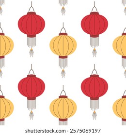 Seamless pattern of red and yellow Chinese lantern on a white background, ideal for festive, cultural or decorative design project in flat style.