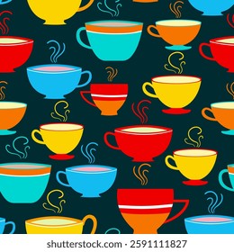 Seamless pattern with red yellow coffee tea cups on a dark blue turquoise background, perfect for fabric, wallpaper, packaging, kitchen decor and digital web design