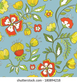 Seamless pattern with  red and yellow flowers on a blue background. Vector illustration.