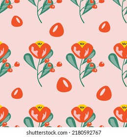 Seamless pattern with red and yellow flowers on pink background.