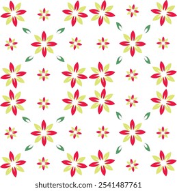 A seamless pattern of red and yellow flowers with green leaves on a white background