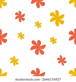 Nahtloses Muster mit roten und gelben Blumen. einfaches handgezeichnetes Vektormuster. Minimalistisch Weißer Hintergrund, helle Farben. Herbst- und Sommerthema.