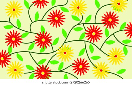 Padrão contínuo com flores vermelhas e amarelas em um fundo claro.