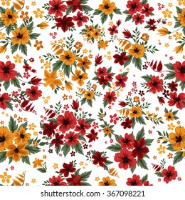 Seamless Pattern with Red and Yellow Flowers in Vintage Style. Vector illustration