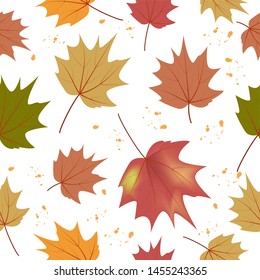 Seamless pattern, red, yellow, green leaves, autumn, maple leaf, white background, design for textiles, wallpaper, vector illustration