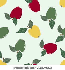 Seamless pattern with red, yellow and green apples. Vector hand-drawn illustration.