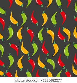  Patrón sin foco con chile rojo, amarillo y verde sobre fondo negro