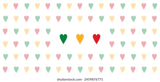 Seamless pattern with red, yellow and green hearts on a transparent background. Simple solid pattern for wrapping paper, gift paper, pillows or other. Vector illustration.