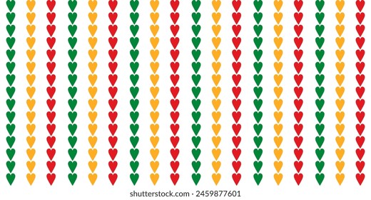 Seamless pattern with red, yellow and green hearts that are neatly aligned in columns on a transparent background. Simple solid pattern for wrapping paper, gift paper, pillows or other. Vector