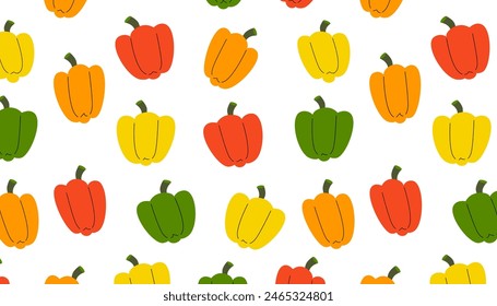 Seamless pattern of red, yellow, green, and orange bell peppers on white background. Simple vector design for textiles, wallpapers, and prints.