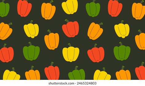 Seamless pattern of red, yellow, green, and orange bell peppers on dark green background. Simple vector design for textiles, wallpapers, and prints.