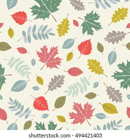 Seamless pattern with red, yellow, green, blue and brown leaves of oak, maple, rowan, birch tree. Nature wallpaper. Vector illustration in vintage, retro style