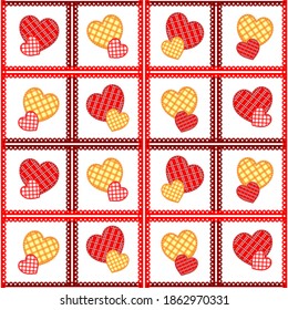 Seamless pattern with red and yellow hearts in patchwork style