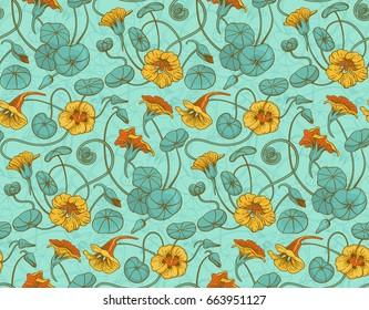 Seamless pattern with red and yellow nasturtium flowers and leaves on turquoise background. Suitable for backgrounds, textile, wrapping paper.