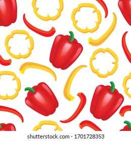 Seamless pattern with red and yellow paprika. The set of whole Bulgarian pepper.