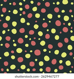 Seamless pattern with Red and yellow Polka Dot on Neon Green background. Eye Catching Seamless Circle Design for Textiles, Wallpapers, surface print and Digital Art Backgrounds.