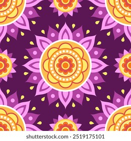 Padrão contínuo. Mandala étnica simétrica vermelha, amarela, roxa e laranja no fundo roxo escuro. Padrão oriental. Mandala indiana ou árabe. Festival de Diwali. Tecido, papel de embrulho.