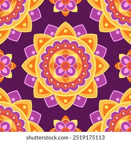 Seamless pattern. Red, yellow, purple and orange symmetrical ethnic mandala on dark purple background. Oriental pattern. Indian or Arabic mandala. Diwali festival. Fabric, wrapping paper.