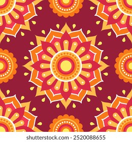 Seamless pattern. Red and yellow symmetrical ethnic mandala on dark red background. Oriental pattern, vector illustration. Indian or Arabic mandala. Diwali festival. Fabric, wrapping paper.