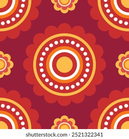 Seamless pattern. Red and yellow symmetrical ethnic mandala on dark red background. Oriental pattern, vector illustration. Indian or Arabic mandala. Diwali festival. Fabric, wrapping paper.
