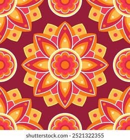 Padrão contínuo. Mandala étnica simétrica vermelha e amarela sobre fundo vermelho escuro. Padrão oriental, ilustração vetorial. Mandala indiana ou árabe. Festival de Diwali. Tecido, papel de embrulho.